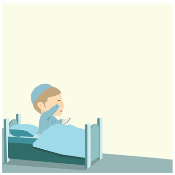 A Jewish boy, religious, Orthodox, wearing a skullcap - kippa, reads "Shema israel" pray on the bed. He covers his eyes with his hand and with the other hand holds an arrangement.
vector drawing
