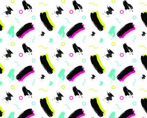 Abstract brush seamless pattern in yellow, pink and black colors 