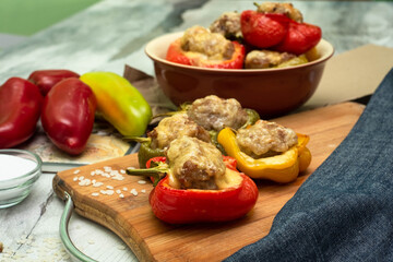 Baked stuffed bell pepper stuffed with minced meat, onions, rice