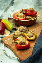 Baked stuffed bell pepper stuffed with minced meat, onions, rice