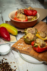 Baked stuffed bell pepper stuffed with minced meat, onions, rice