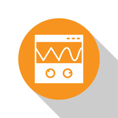 White Oscilloscope measurement signal wave icon isolated on white background. Orange circle button. Vector.