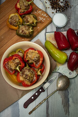 Baked stuffed bell pepper stuffed with minced meat, onions, rice