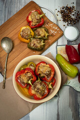 Baked stuffed bell pepper stuffed with minced meat, onions, rice
