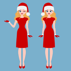 Young women characters wearing santa hat and mittens. Christmas design element