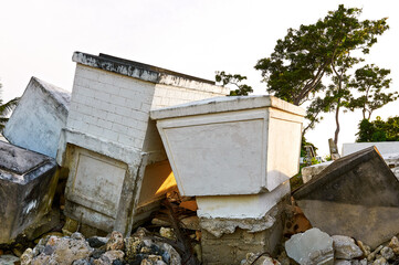 Cemetery partially destroyed, with eroded foundations by a taifun on Carabao Island, Romblon...