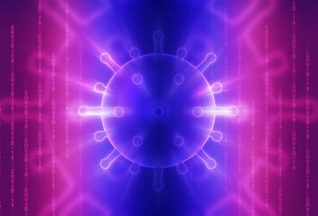 Blank abstract background on the theme of the COVID-19 coronavirus pandemic. Neon hologram of a virus model.