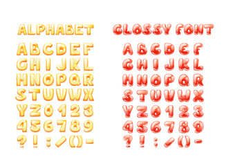 Comic game font cartoon bubble lettering, fonts. Colorful lowercase letters of an alphabet with glint. Bright letters for typography inscriptions, numbers, signs for kids' vector
