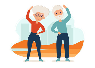 Senior couple goes in for sports on the street. Yoga practice. Vector illustration in flat style. Old man and woman are active outdoor