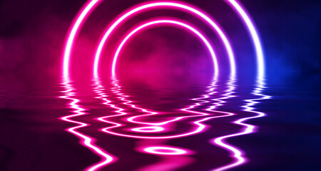 Abstract dark futuristic background. Ultraviolet neon light rays are reflected off the water. Background of empty stage show, beach party. 3d illustration