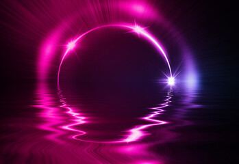 Abstract dark futuristic background. Ultraviolet neon light rays are reflected off the water. Background of empty stage show, beach party. 3d illustration