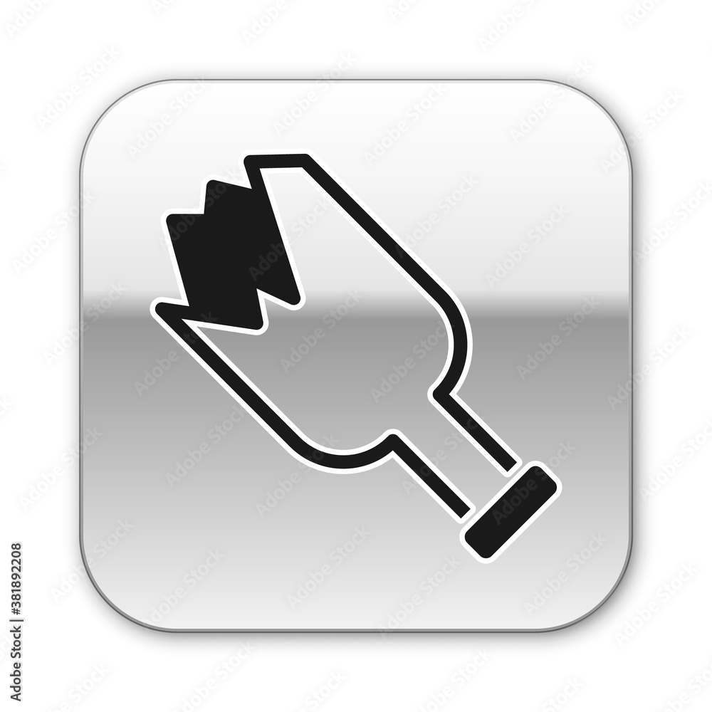 Poster black broken bottle as weapon icon isolated on white background. silver square button. vector.