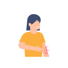 Obraz na płótnie Canvas illustration of a woman or daughter grimacing in pain and holding her stomach because it hurts. have appendicitis, kidney failure, hunger, ulcers, and diarrhea. sick person. flat style. UI design