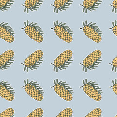 Pine cones with leaves. Seamless pattern on a blue background. Idea for wallpaper, fabric and packaging. Good quality image, vector.