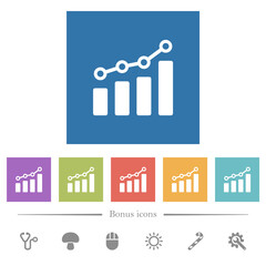 Bar graph with circles and lines flat white icons in square backgrounds