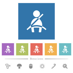 Car seat belt warning indicator flat white icons in square backgrounds