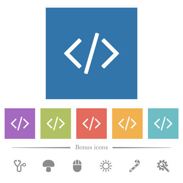 Script code flat white icons in square backgrounds