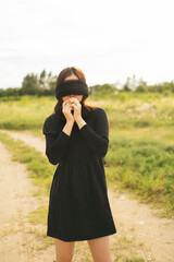 Portrait of blindfold witch with black veil - halloween theme.