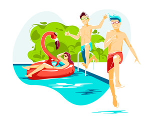 Hot summer pool outdoor scene with relaxing swimming female and two boys jumping into water vector illustration