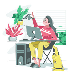 Young female on the remote work  irrigation her plants with her dog vector illustration