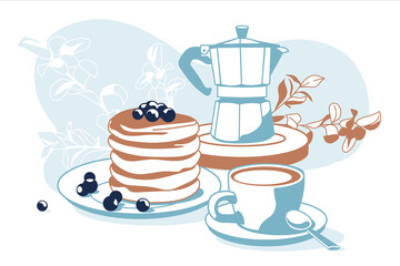 Composition of breakfast objects: coffee, pancakes, decorative plants isolated white background vector illustration