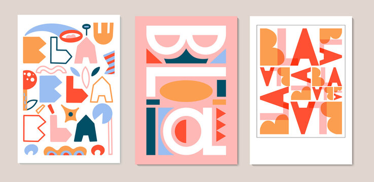 Vector set of posters letters geometric shapes. Blah blah phrases design for printing. Vector letters design.