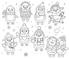 Collection of penguins for coloring book.Line art design for kids coloring page.