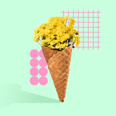 Ice cream cone filled with yellow flowers as golden-daisy on blue modern illustrated background. Creative conceptual and colorful art collage.