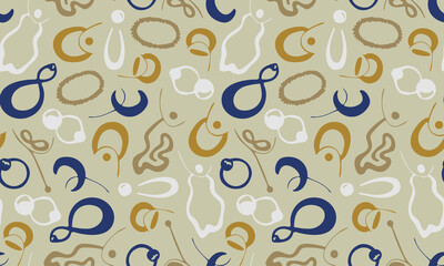 Vector jewelry accessories. Hand drawn doodle illustration of fashionable objects. Female clothing elements. Simple abstract drawing. Seamless pattern for printhing or web