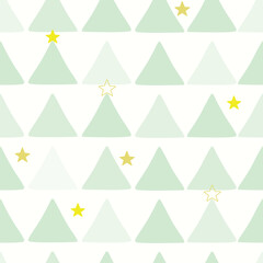 Cute triangle seamless pattern. Green Christmas trees with stars in white background. Great for winter fabric, textile, holiday wrapping paper, scrapbooking. Surface pattern vector design.