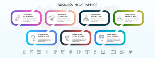 Infographics rectangle with seven steps, icons. Vector template used for diagram, business, web, banner, workflow layout, flowchart, info graph, timeline, content, levels, chart, processes diagram