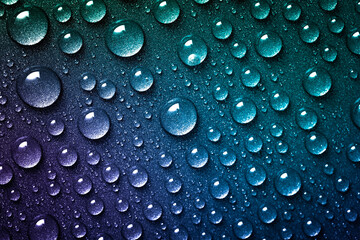 Lots of water drops splashed on a bright blue and green background. Abstract droplets close up