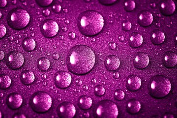 Lots of water drops splashed on a bright purple background. Abstract droplets close up