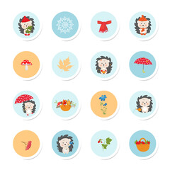 Set of round seasonal icons with a hedgehog.Vector illustration of a flat design.