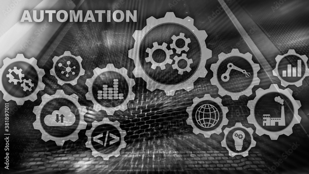 Poster bw automation productivity increase concept. technology process on a server room background.