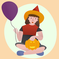 Halloween theme Illustration of a girl with pumpkin and balloon.