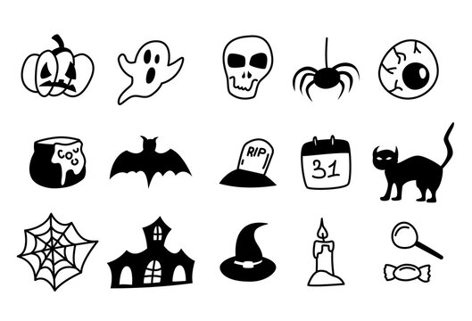 Halloween hand drawn line icons on white background. Happy Halloween design