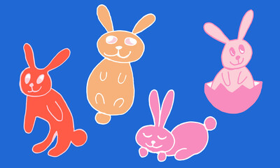 Obraz premium Cute Easter bunnies. Hand drawn vector illustration in doodle style. Festive characters with egg shell. Line art drawing