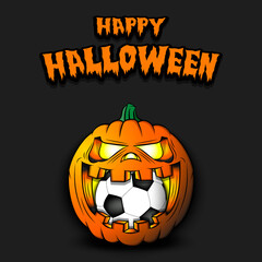 Happy Halloween. Soccer ball inside frightening pumpkin. The pumpkin swallowed the ball with burning eyes. Design template for banner, poster, greeting card, party invitation. Vector illustration