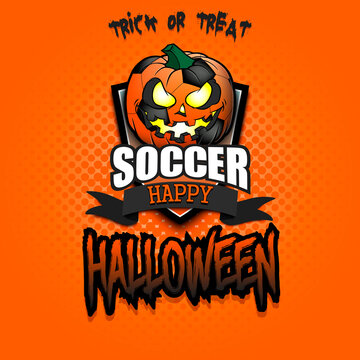Happy Halloween. Template football design. Logo soccer ball in the form of a pumpkin on an isolated background. Pattern for banner, poster, greeting card, flyer, party invitation. Vector illustration
