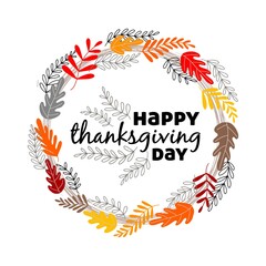 Vector colorful postcard on thanksgiving day. Circle frame of leaves, isolated on white background