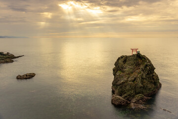 A mysterious photo of a torii standing on a rock in Ehime prefecture, Japan
