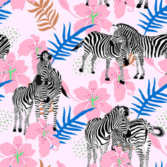 Fototapeta na wymiar Zebras seamless pattern with lilly and leaves. Tropical camouflage print. Great for textiles, banners, wrapping. Vector illustration design.