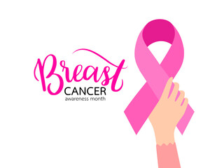 Woman hand with pink ribbon symbol. Breast Cancer Awareness Month Campaign. Vector Illustration.