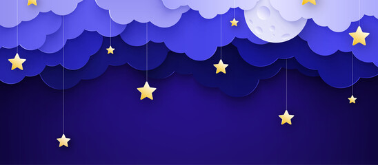 Vector illustration. Cartoon childish background with clouds and stars on strings. © arts_vector