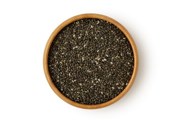 Chia seeds in wooden bowl on white background