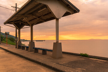 Popular Shimonada station with a view of the sea in Iyo city, Ehime prefecture