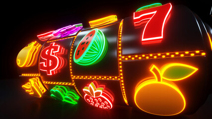 Slot Machine With Fruit Icons. Jackpot And Fortune. Casino Gambling Concept With Neon Lights - 3D Illustration
