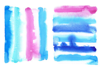 Watercolor Stripes Background set with sky blue color and magenta on white 
