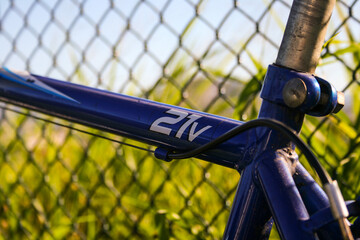 Detail of a blue 21v bike a little rusty. Chain-link fencing. Green field and blue sky in the...